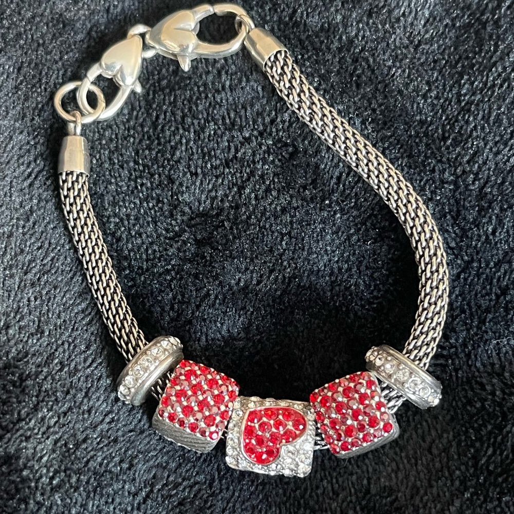 Brighton Charm Bracelet with 5 charms. Clear Bling and Red Bling with Hearts